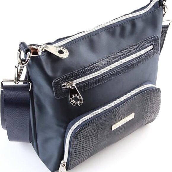 NWT Suzy Levian Navy Nylon Faux Crocodile Front Pocket Crossbody Handbag - Picture 3 of 7